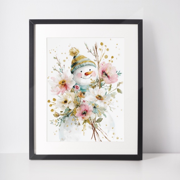 Watercolor Snowman Adorned with Flowers Portrait Wall Art Print Poster, Unframed - Picture 3 of 6